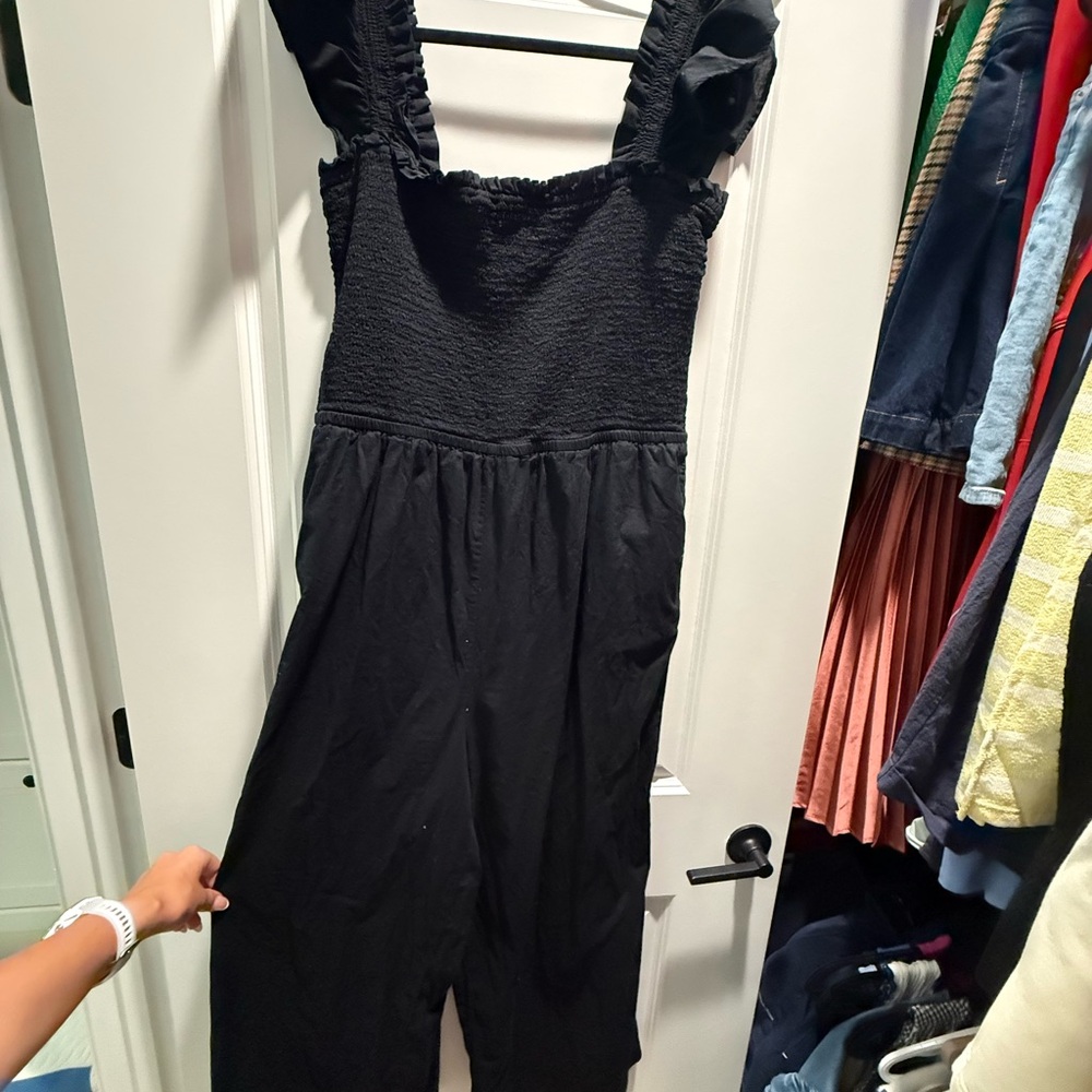LOFT Black Smocked Jumpsuit with Ruffle Trim